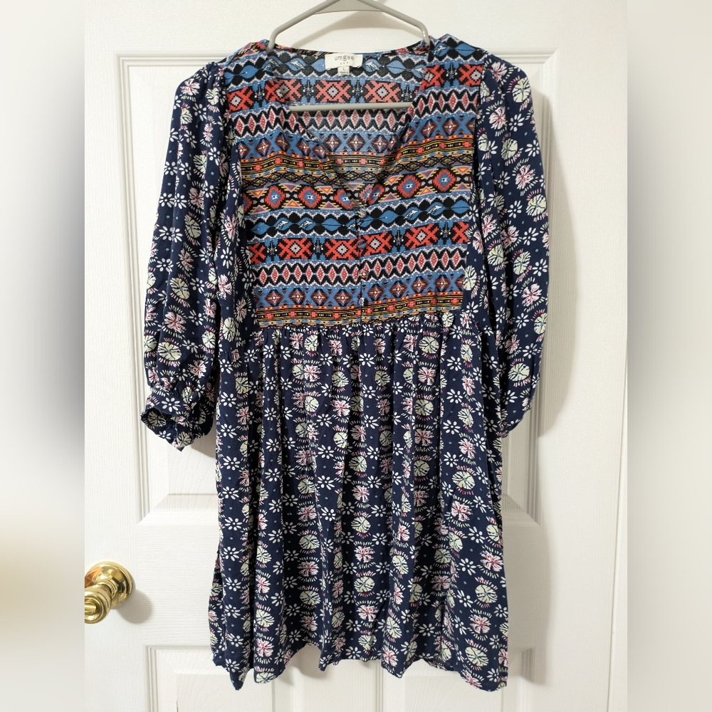 Umgee Navy Tunic with Colorful Embroidered Yoke
